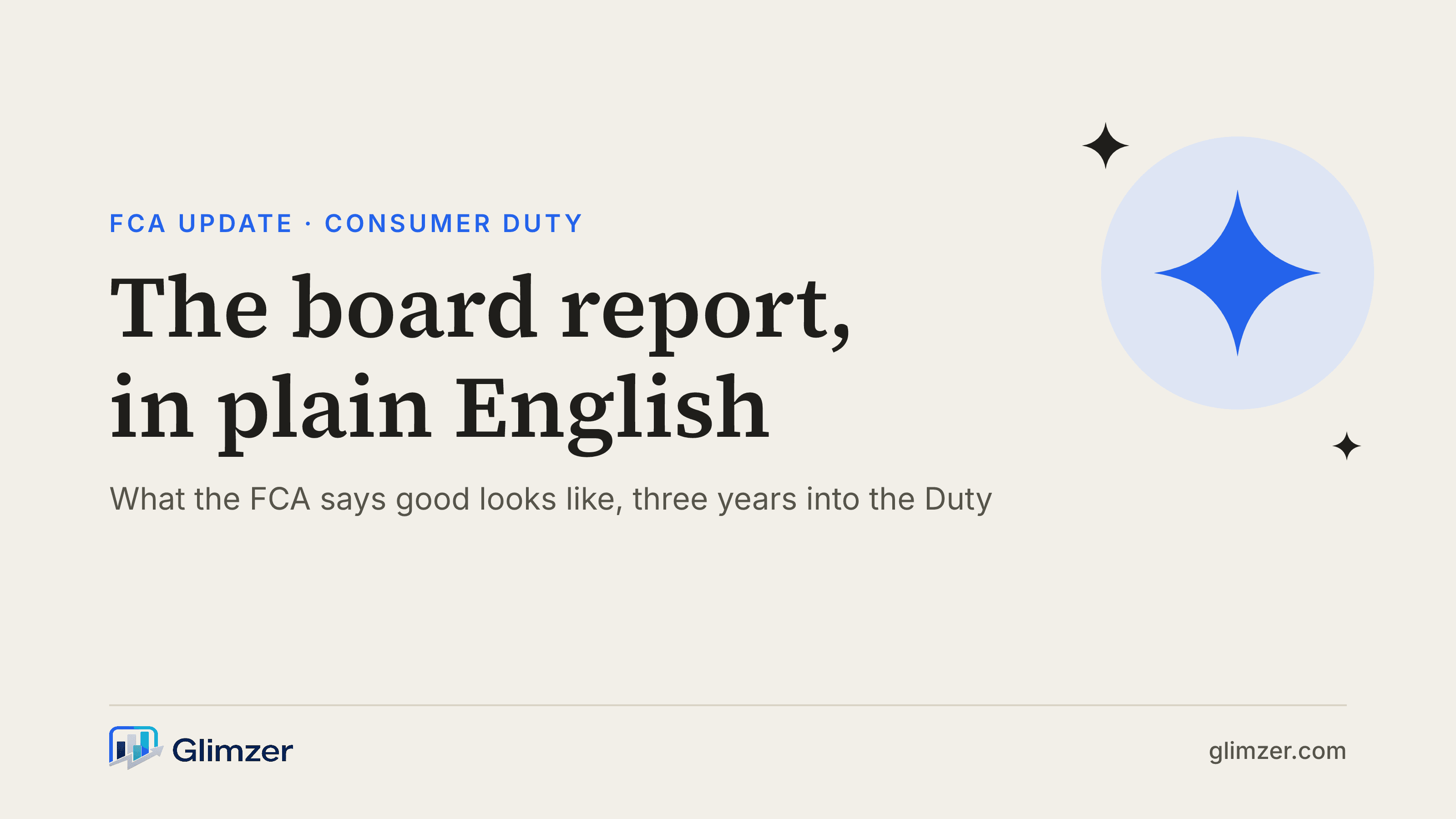 Consumer Duty board report explainer graphic in Glimzer brand colours reading 'The board report, in plain English'
