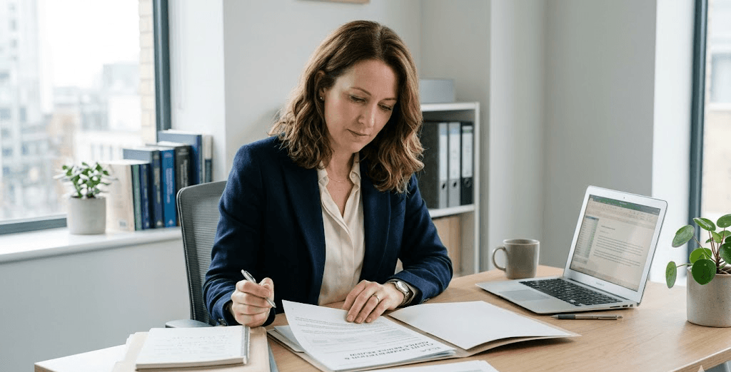 Financial adviser reviewing client suitability documents at a desk, illustrating the FCA simplified advice proposals