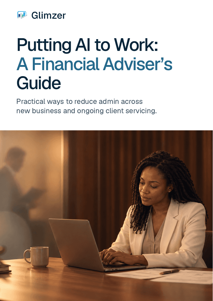 Cover of Glimzer’s Putting AI to Work: A Financial Adviser’s Guide, showing an adviser working at a laptop.