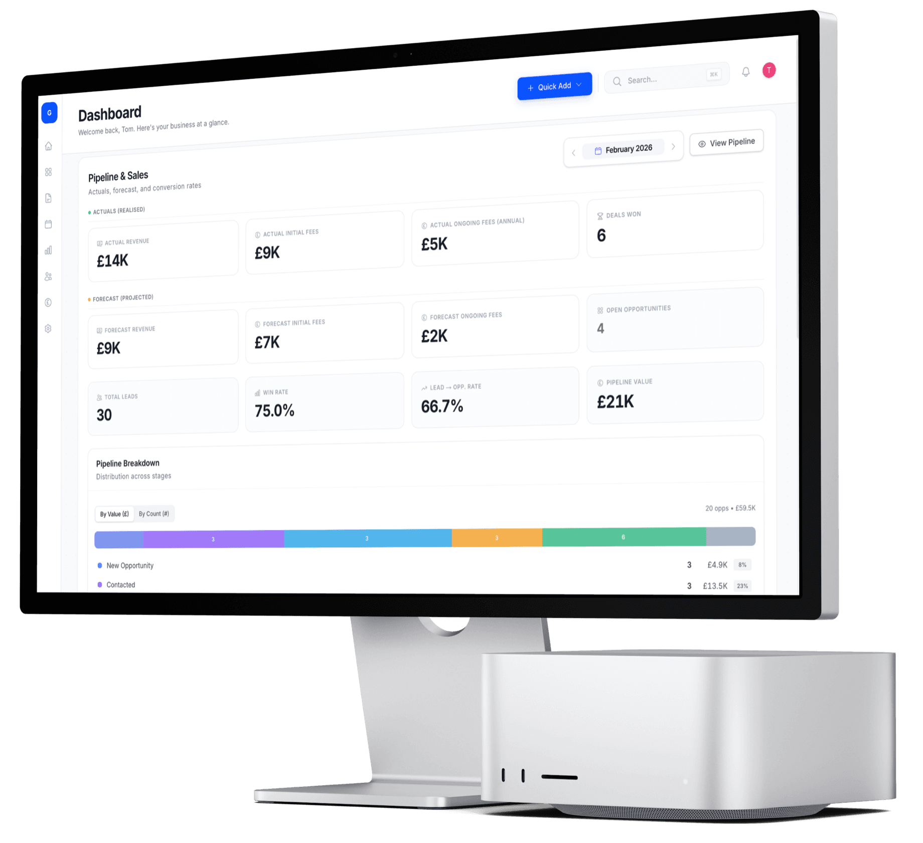 Glimzer CRM dashboard displaying pipeline and sales metrics, revenue forecasts, win rates, and pipeline breakdown for financial advice firms
