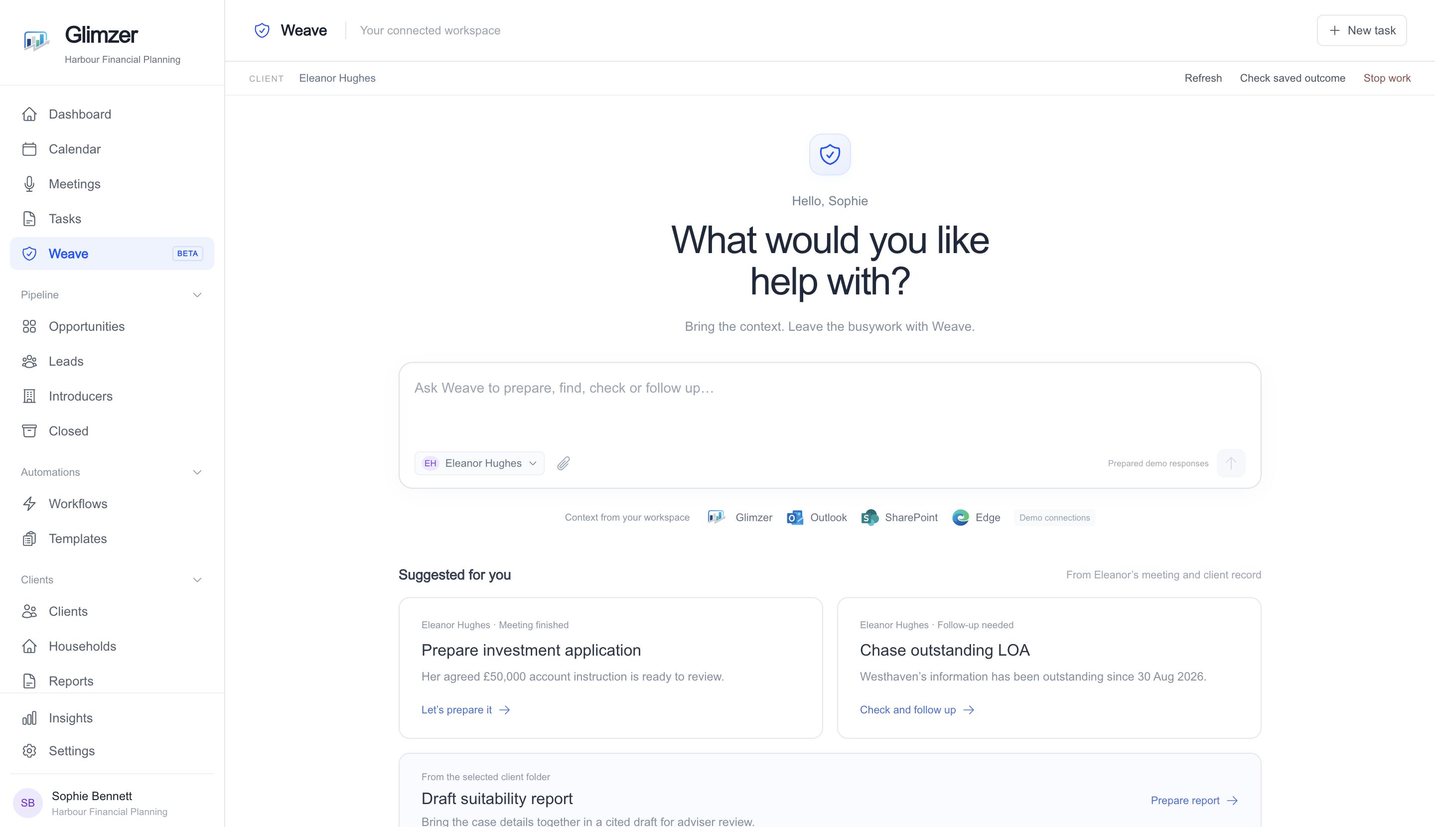 Weave demo with expanded Glimzer navigation, chatbox, connected workspace tools and suggested client tasks.